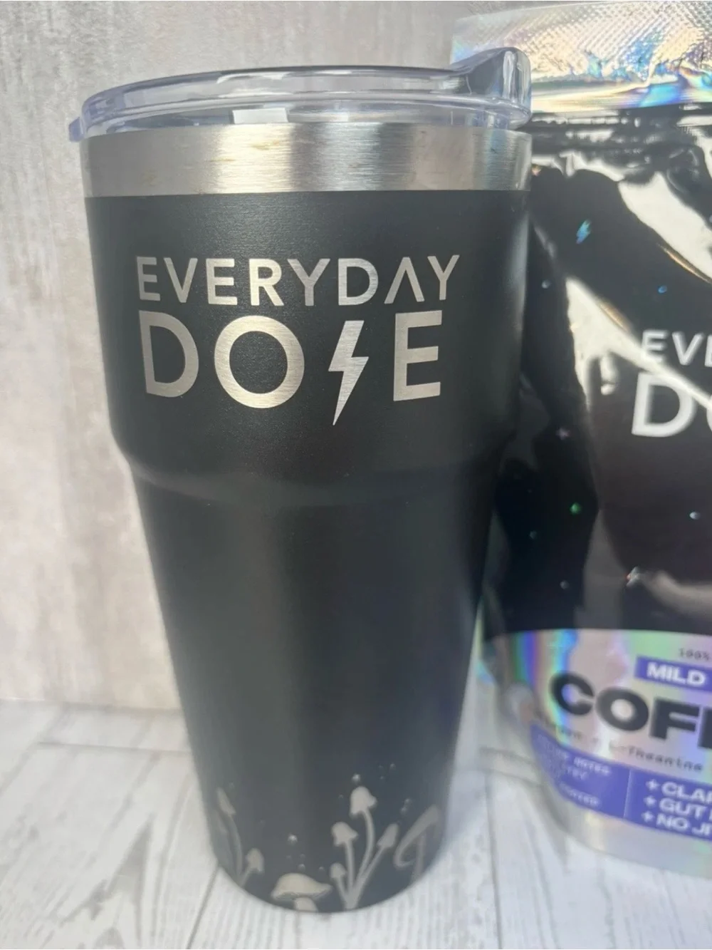 Lot of 5 Everyday Dose Items: 2 Mushroom Coffees, 1 Frother, 1 Tumbler, 1 Magnet